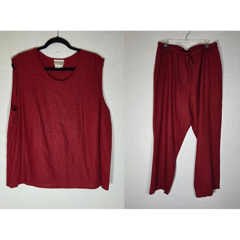 Coldwater Creek Womens 2-Piece Linen Top , Cropped Pants Red Lagenlook 1X